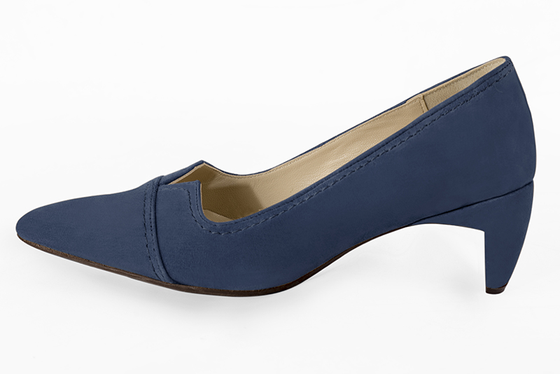 Denim blue women's dress pumps,with a square neckline. Tapered toe. Medium comma heels. Profile view - Florence KOOIJMAN